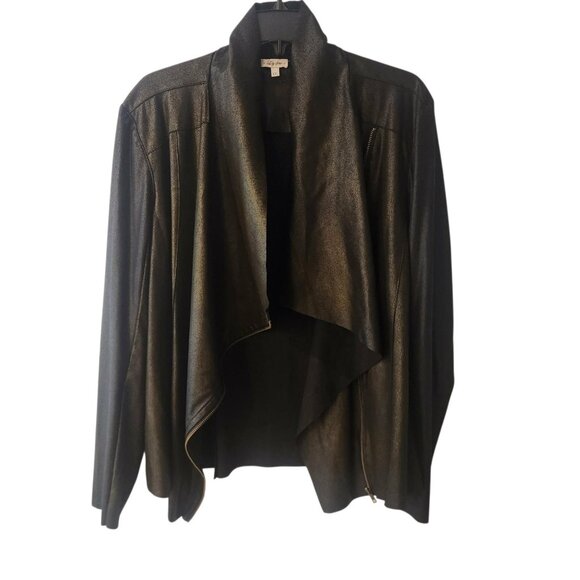 Lily Star Waterfall Draped Faux Suede Zip Jacket Black Gold Metallic Sz XXL Moto - Picture 1 of 11